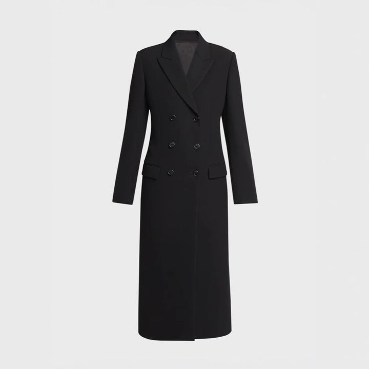 Women Mid-length Double-breasted Blazer Coat with Structured Shoulder and Slim Fit Mune Fashion