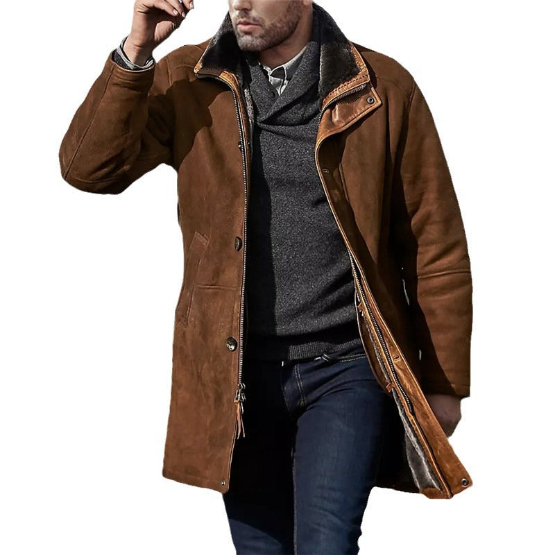 Men's Long Thermal Coat in Field Style with Faux Lambskin Inner Sides and Two-Way Zipper Mune Fashion