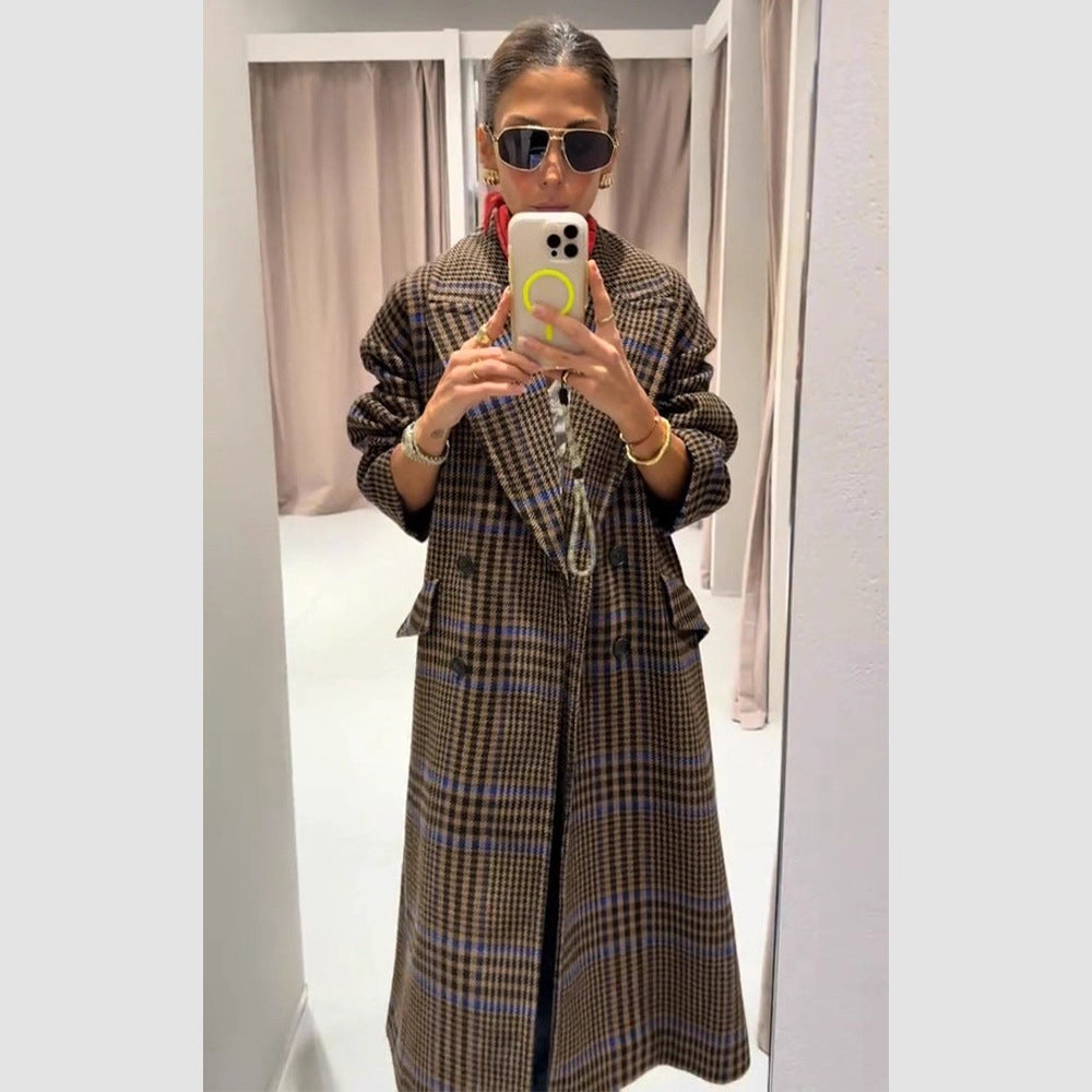 Women Maxilength Oversized Double-Breasted Coat with Emphasized Shoulder and Flap Pockets Mune Fashion