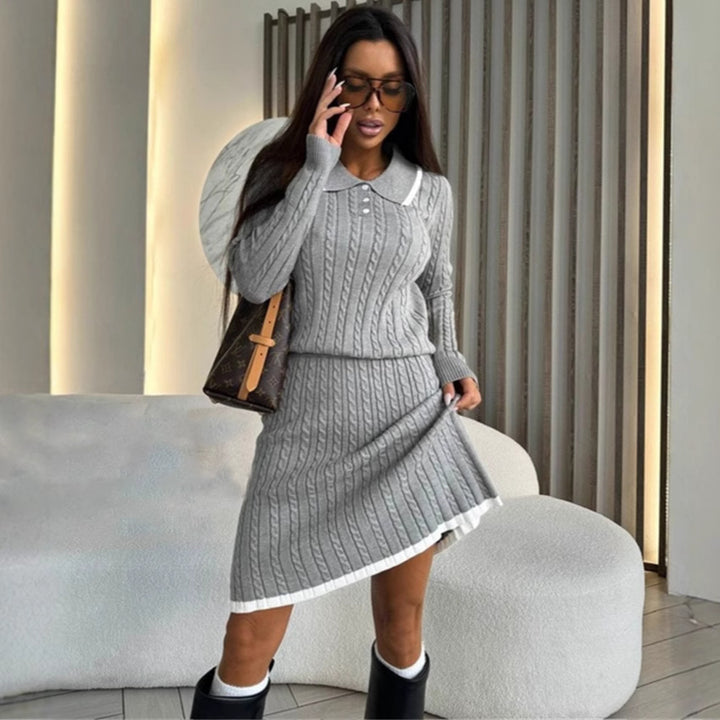 Women Two-Piece Cable Knit Dress with Waistband and Polo Collar Mune Fashion
