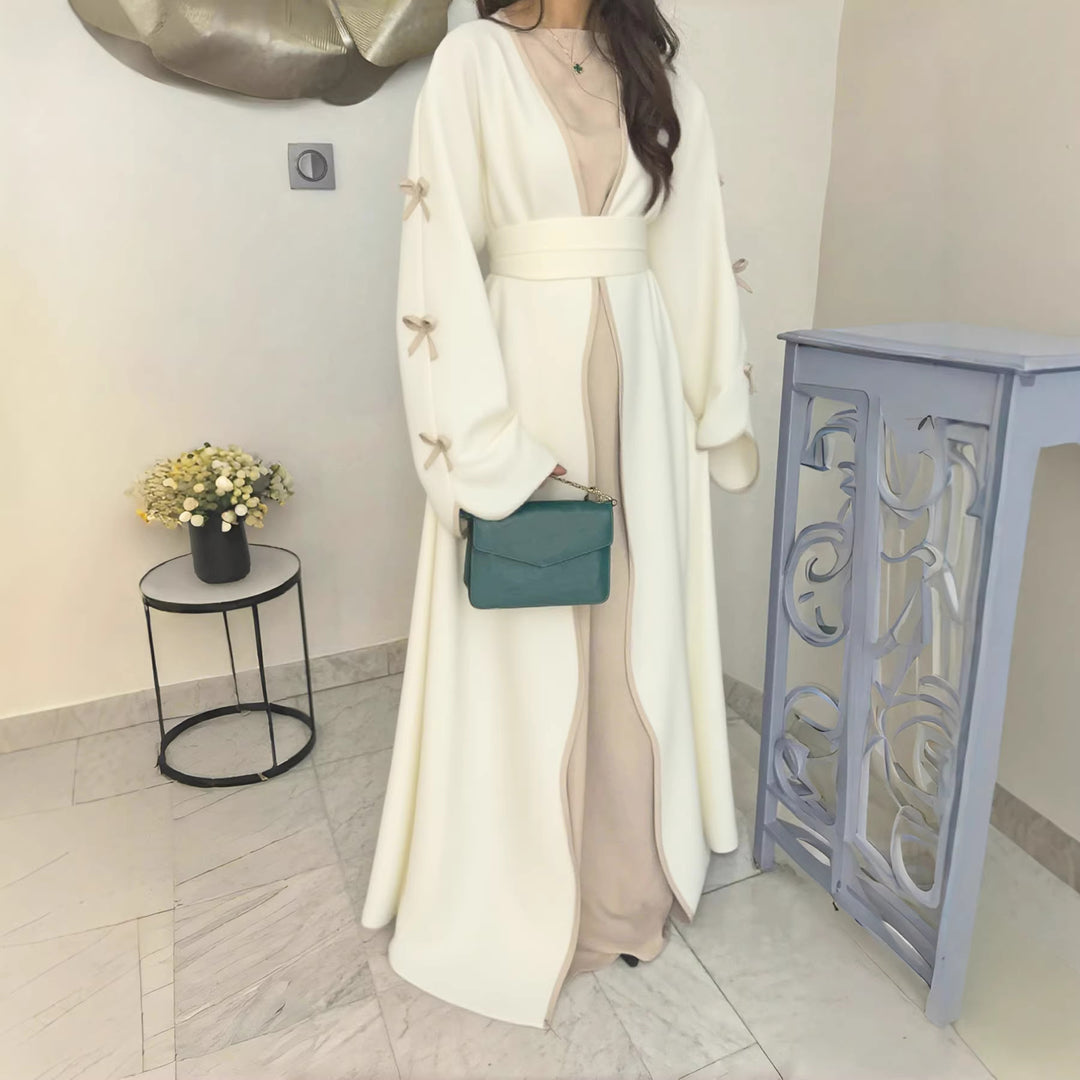 Women's elegant Abaya-Kaftan with wide trumpet sleeves, contrasting yoke and wrap belt Mune Fashion