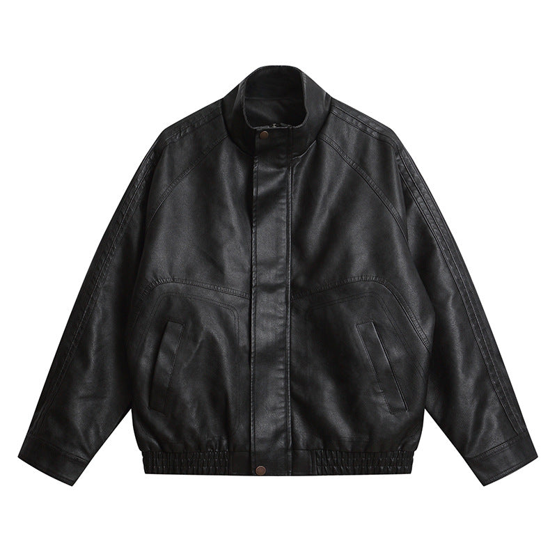 Men's leather-like bomber jacket with stand-up collar, concealed snap button placket, and elastic hem