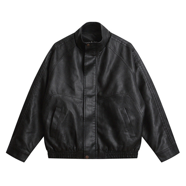 Men's leather-like bomber jacket with stand-up collar, concealed snap button placket, and elastic hem