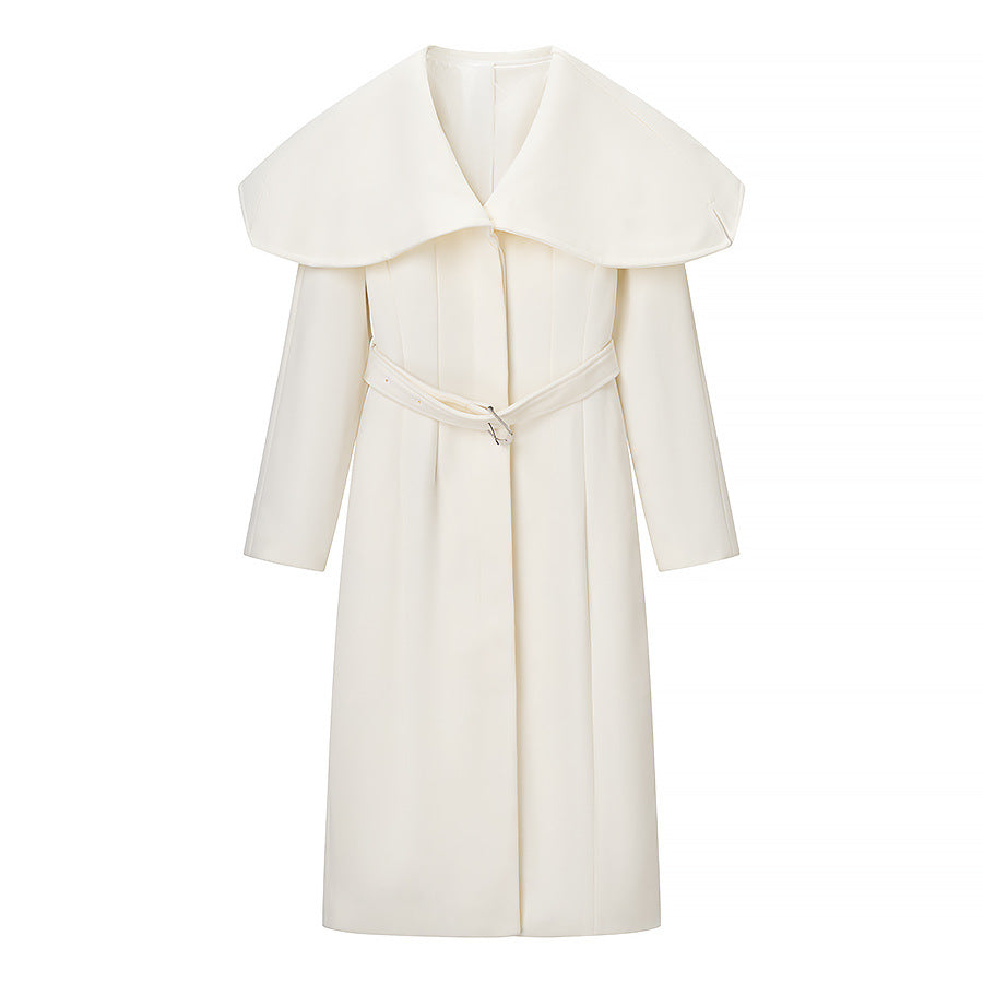 Women's Maximal Long Tailored Wool Blend Coat with Oversized Shawl Collar and Belt Mune Fashion