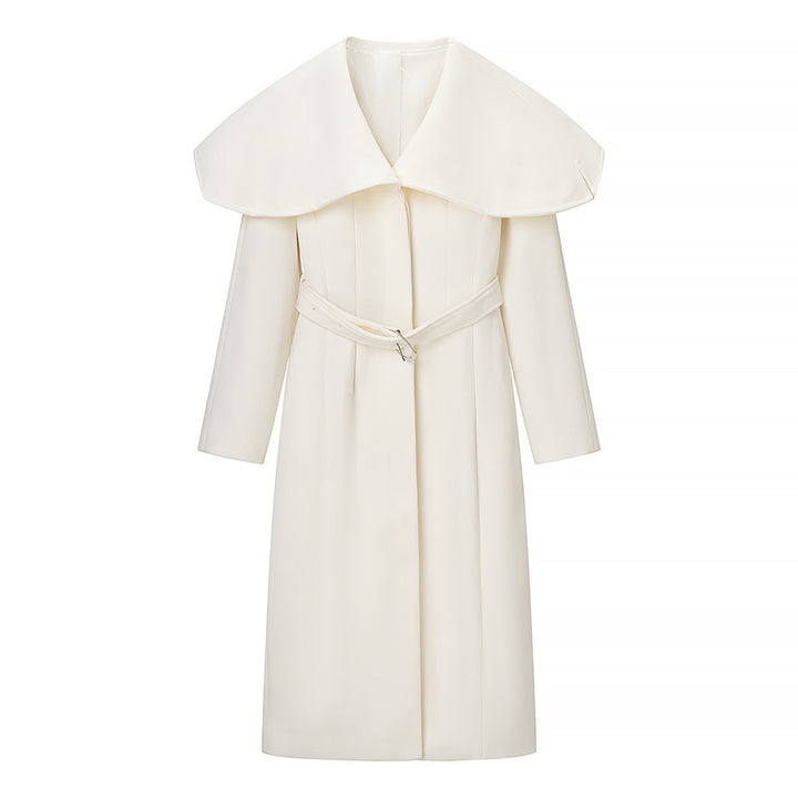 Women's Maximal Long Tailored Wool Blend Coat with Oversized Shawl Collar and Belt Mune Fashion