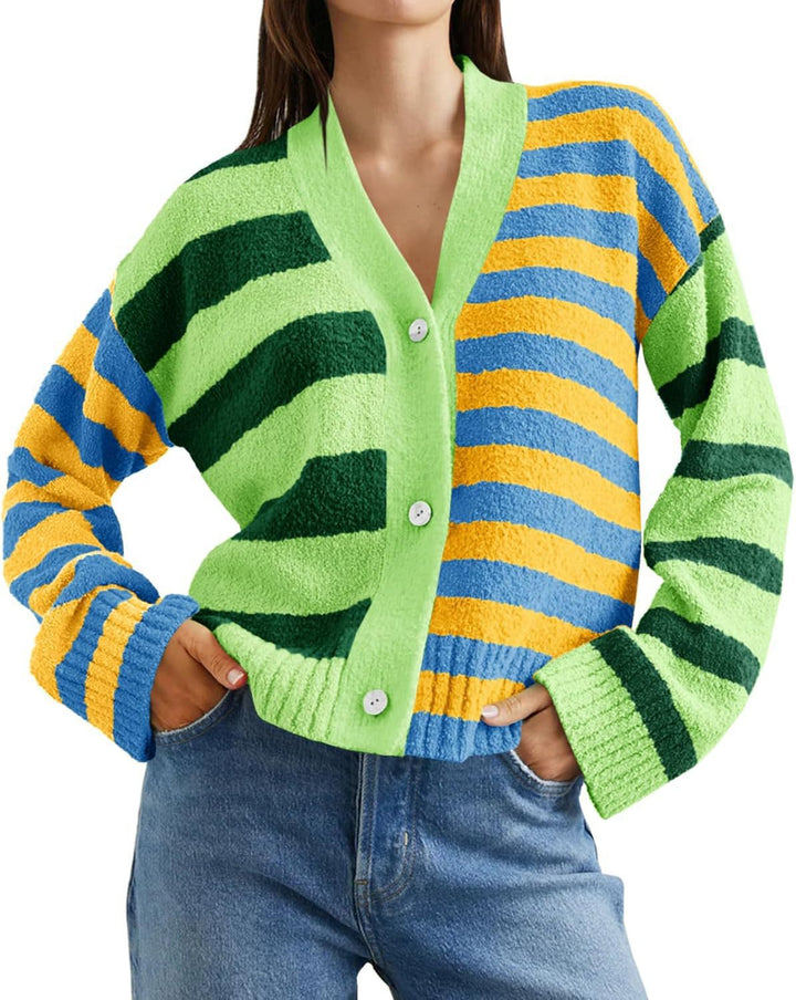 Women’s loose striped terry cardigan with V-neck and button placket Mune Fashion