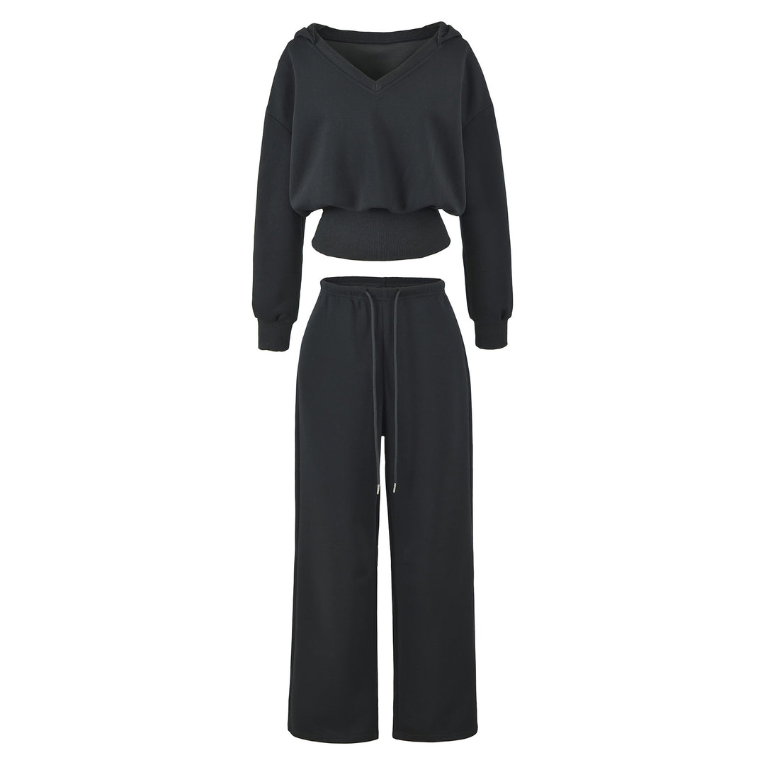 Women's Comfort Lounge Set with Short V Hooded Sweatshirt and High-Cut Wide-Leg Joggers Mune Fashion