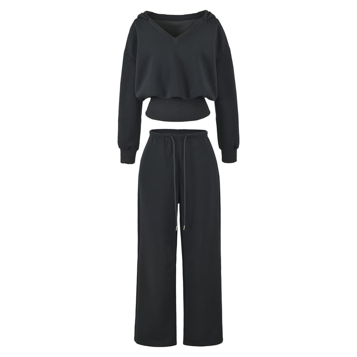 Women's Comfort Lounge Set with Short V Hooded Sweatshirt and High-Cut Wide-Leg Joggers Mune Fashion
