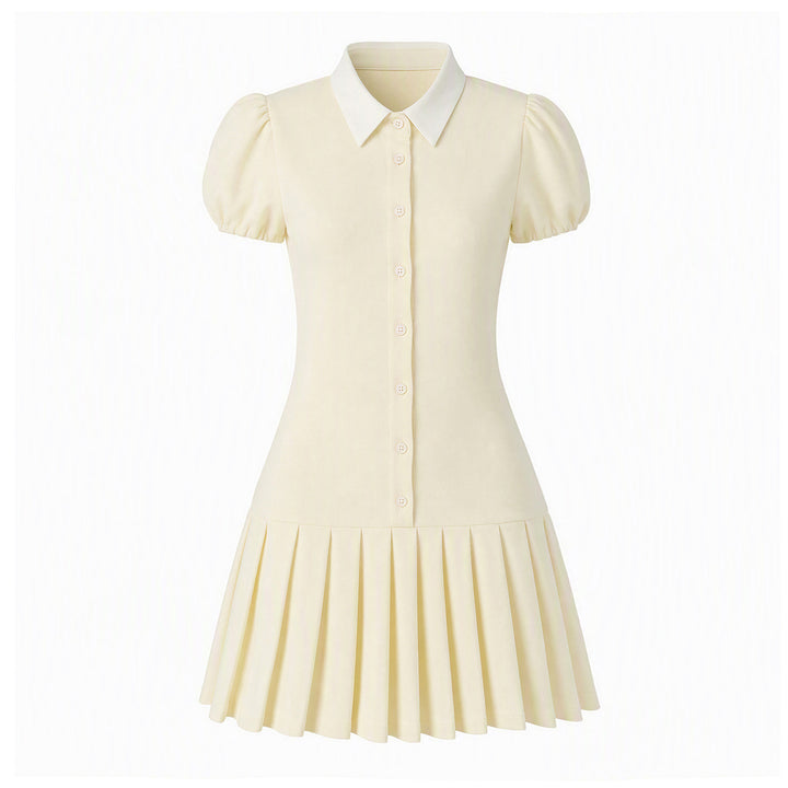 Women Fitted Shirt Dress with Puff Sleeves and Pleated Skirt Mune Fashion