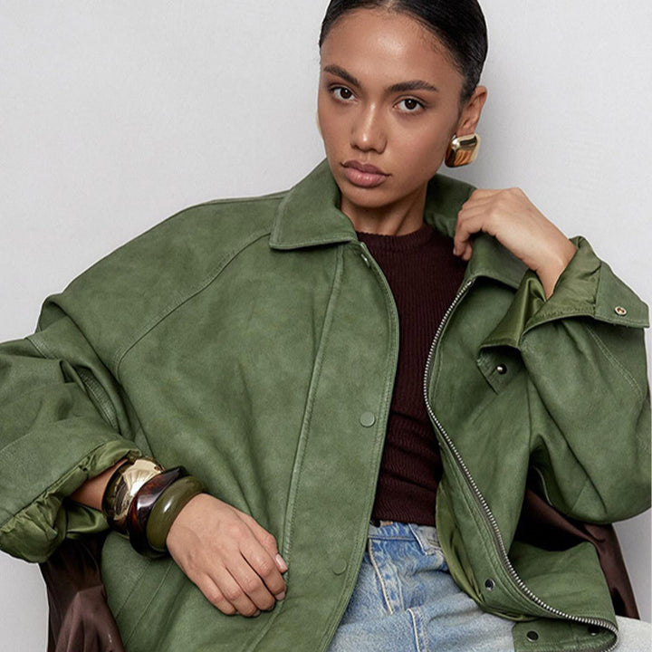 Women's Oversized Faux Leather Jacket in Boxy Cut with Raglan Sleeves and Two-Way Zipper Mune Fashion