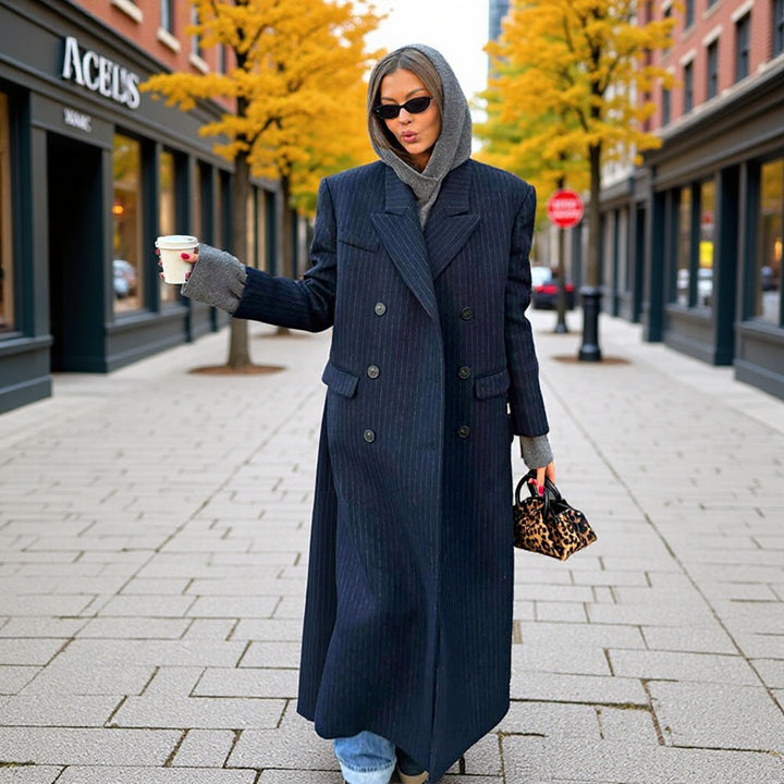 Women's Maximum Oversized Coat in Pinstripe Look with Double-Breasted Button Placket and Long Silhouette Mune Fashion