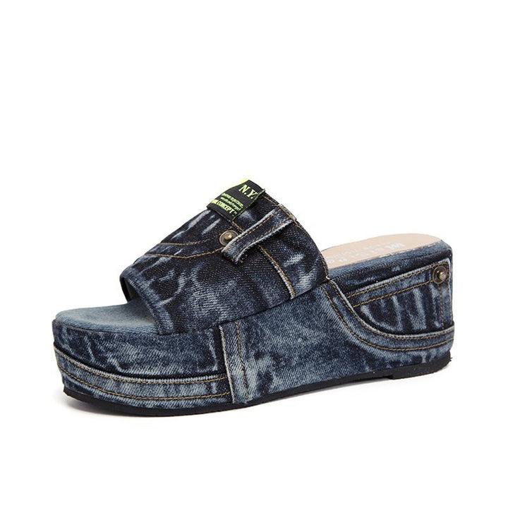 Women's Denim-Look Platform Slide Sandals with Open Toe and Padded Footbed Mune Fashion