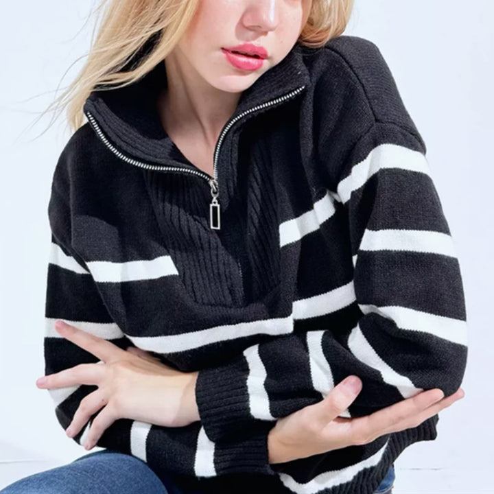 Women Striped Knit Sweater with Short Zipper and Polo Collar Mune Fashion