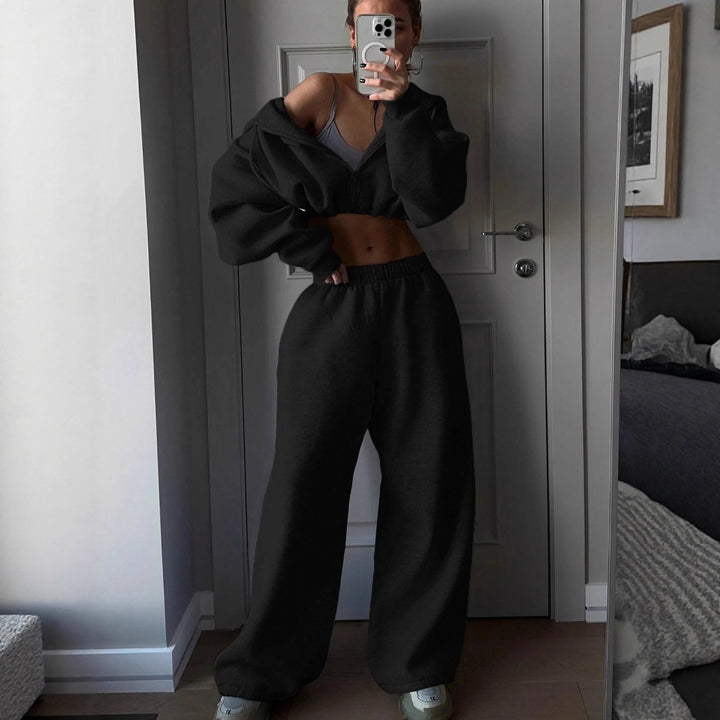 Ladies nan short zip hoodie cropped sweatshirt with drawstring, attached balloon sleeves and elastic hem Mune Fashion