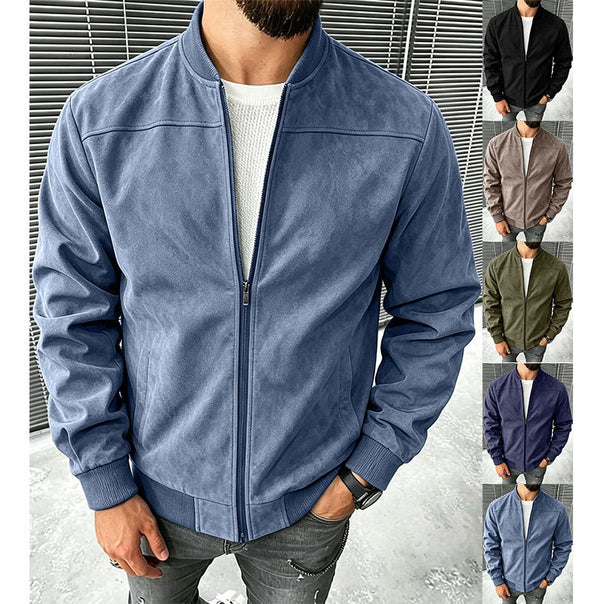 Men's Suede-Like Bomber Jacket with Zipper and Ribbed Cuffs Mune Fashion