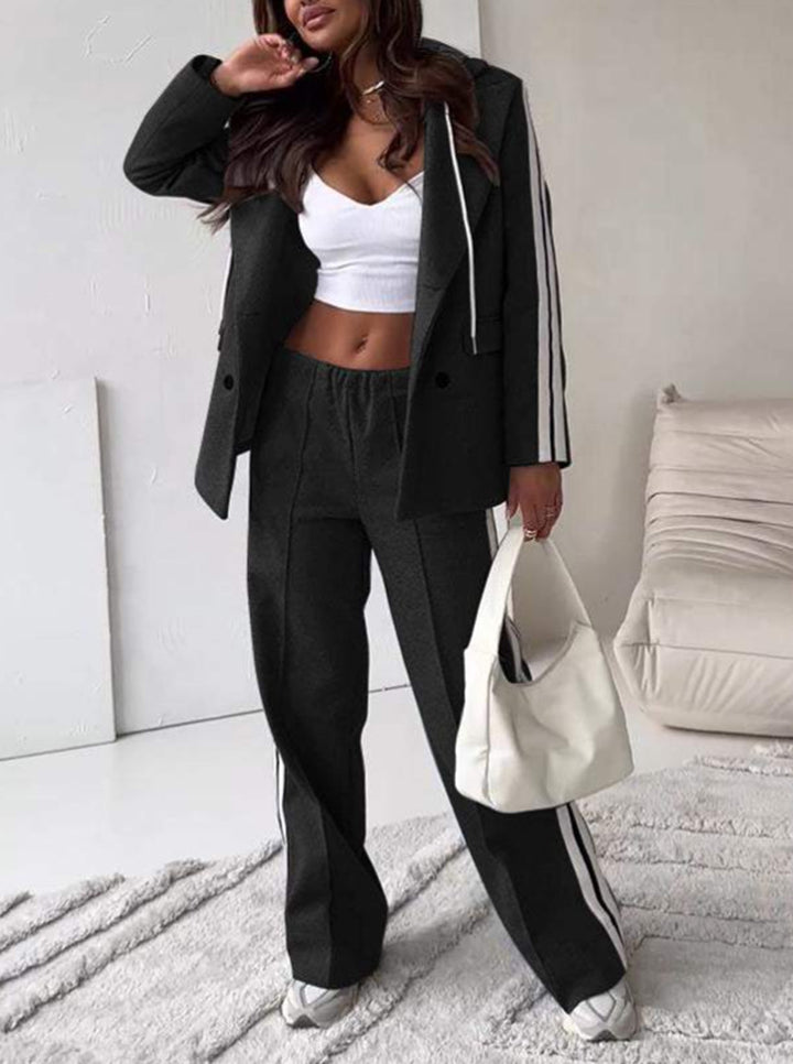 Women's sporty-elegant blazer two-piece with hooded blazer and wide training pants with side stripe Mune Fashion