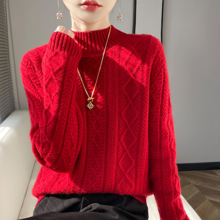Women's cable-knit mock neck sweater with fine ajour detail and fluffy cashmere look Mune Fashion