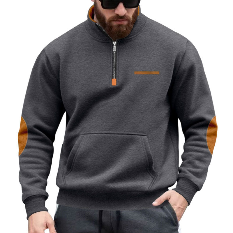 Men's half-zip sweatshirt with stand-up collar, kangaroo pocket, and elbow patches Mune Fashion