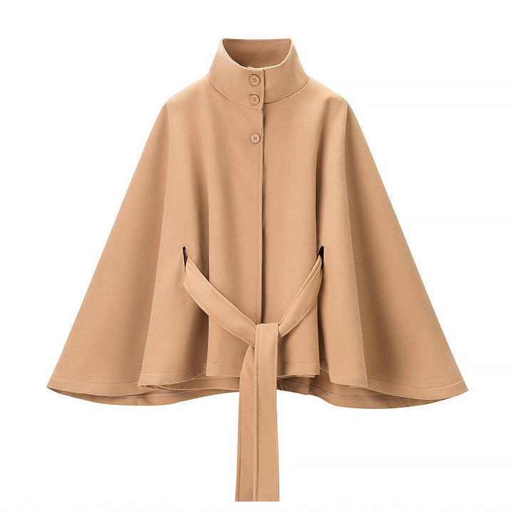 Women's Short Cape Coat with Stand-Up Collar, Concealed Button Placket and Tie Belt Mune Fashion