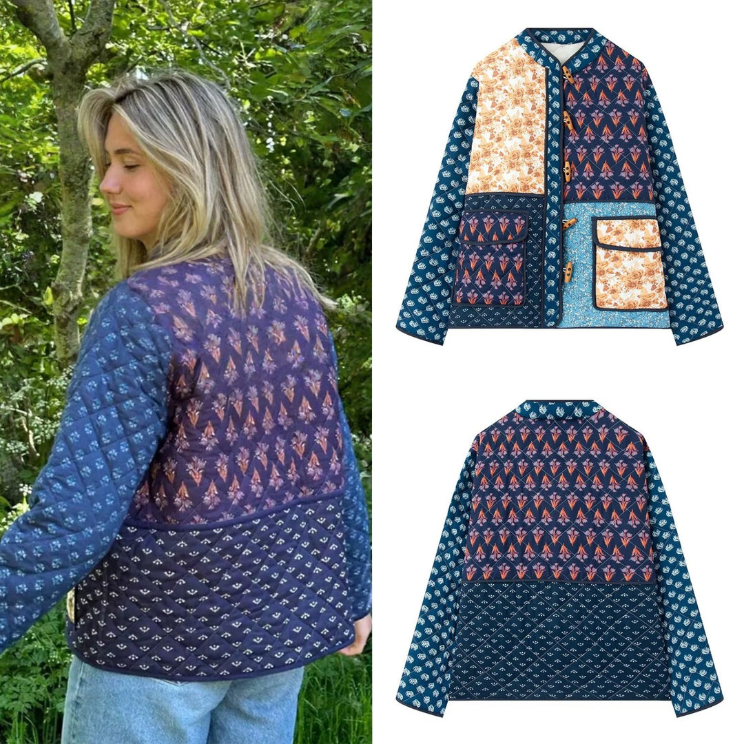 Women Padded Patchwork Quilted Jacket with Toggle Closures and Patch Pockets Mune Fashion