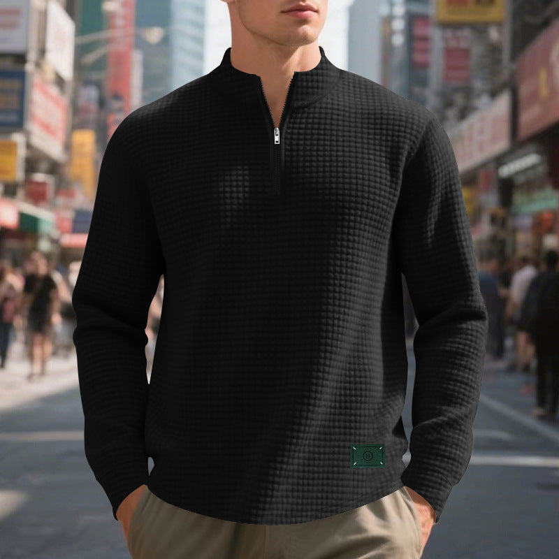Men's nano lightweight waffle knit pullover with short collar zipper and rounded hem Mune Fashion