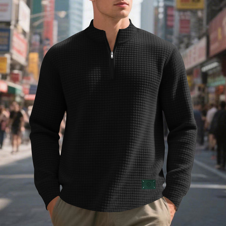 Men's nano lightweight waffle knit pullover with short collar zipper and rounded hem Mune Fashion