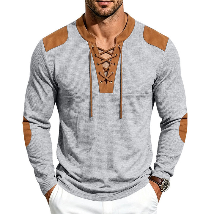 Men's Waffle Knit Long Sleeve Shirt with Laced Collar and Faux Leather Patches Mune Fashion