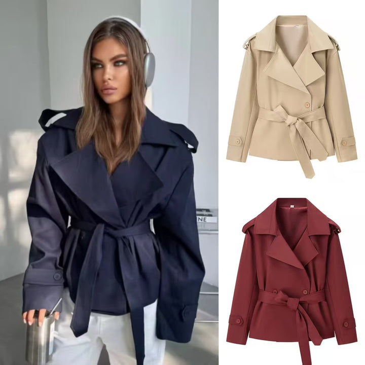 Women Short Trench Coat with dropped shoulders, large lapel collar and wrap belt Mune Fashion