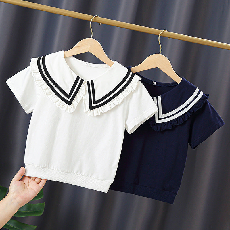 Girl T-shirt with elegant sailor collar and ruffle details Mune Fashion