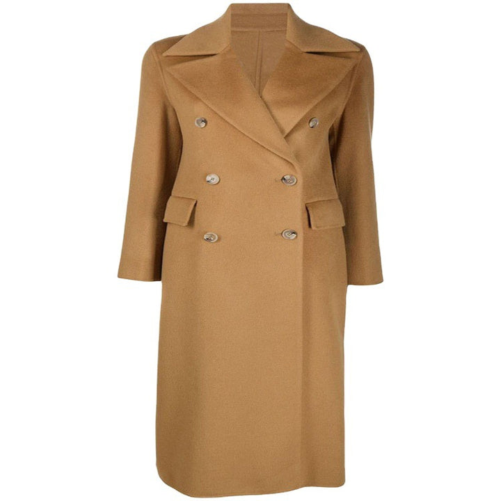 Women's Floor-Length Double-Breasted Wool Blend Long Coat with Subtle Walking Slit and Wide Shawl Collar Mune Fashion