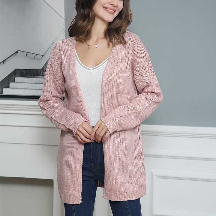 Women Longline Knit Cardigan without Closure with Open Front and Fine Rib Edge Mune Fashion