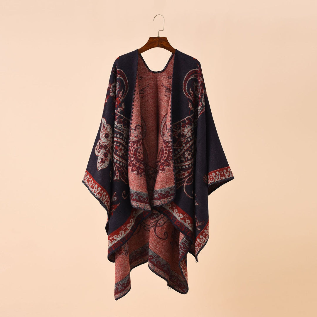 Ladies Elegant Jacquard Poncho with Paisley Pattern and Open Front Mune Fashion
