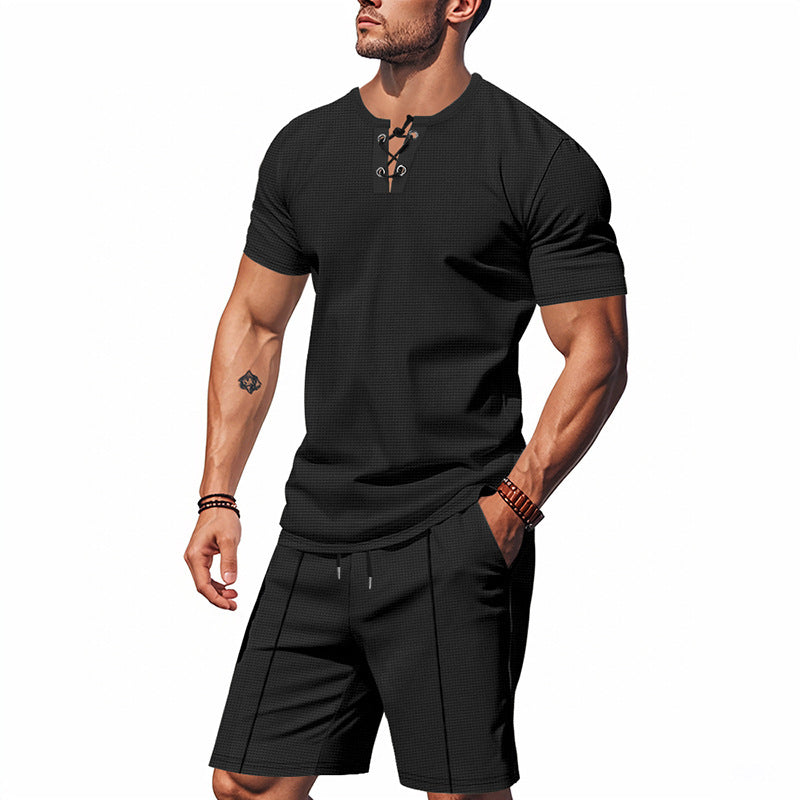 Men's short-sleeved lace-up collar shirt in waffle jersey with pleated Bermuda Mune Fashion