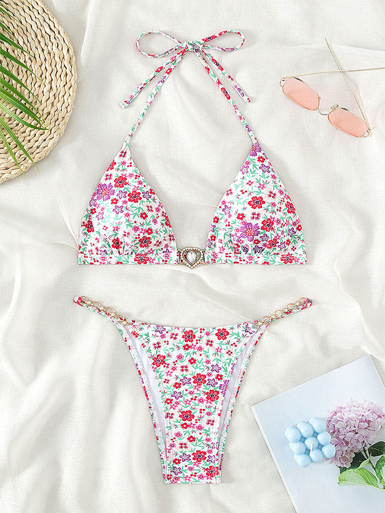 Women's triangle bikini with decorative chain details and floral accents Mune Fashion