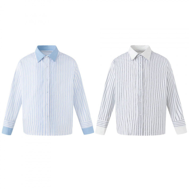 Women's Oversized Shirt Blouse with Pinstripes, Contrast Collar and Cuffs Mune Fashion