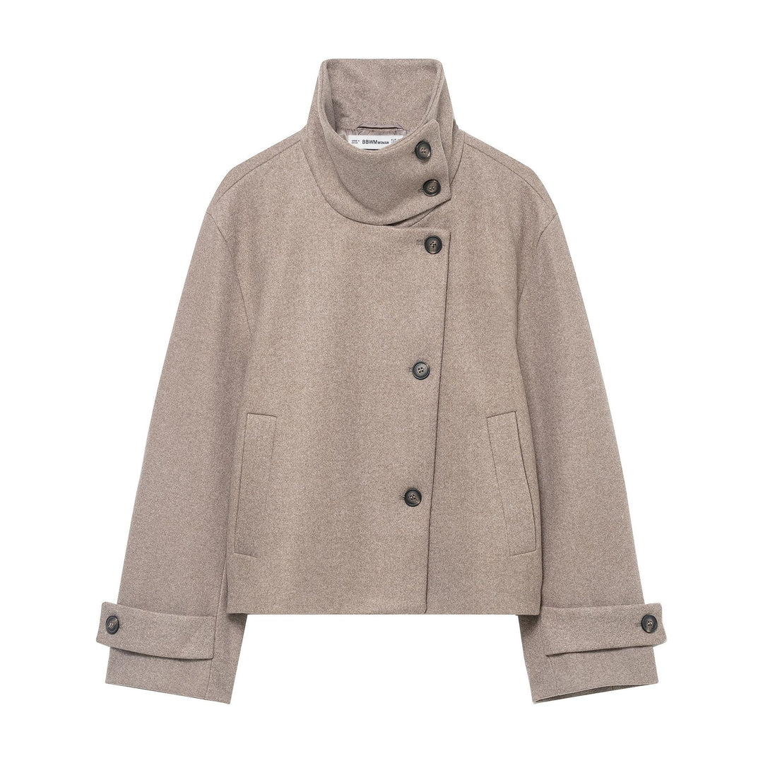 Women's short jacket in boxy cut made of wool blend with high stand-up collar and asymmetrical button placket Mune Fashion