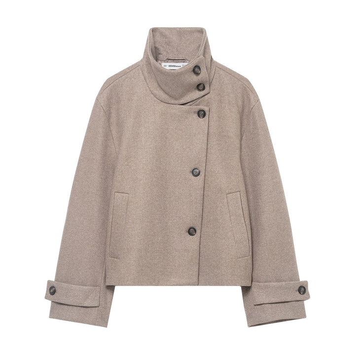 Women's short jacket in boxy cut made of wool blend with high stand-up collar and asymmetrical button placket Mune Fashion