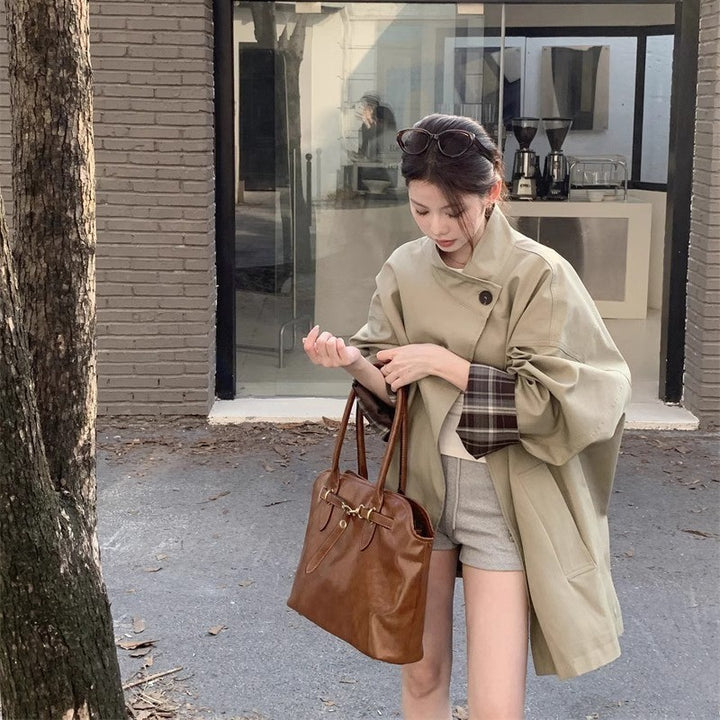 Women's Short Trench with Stand-Up Collar, Concealed Snap Placket and Checked Sleeve Trim Mune Fashion