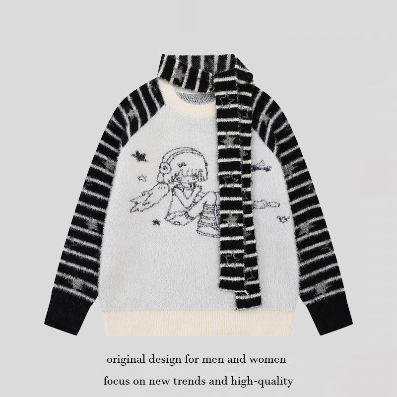 Women Soft Fluffy Knit Sweater with Integrated Tube Scarf and Manga Illustration Mune Fashion