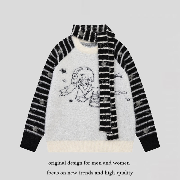 Women Soft Fluffy Knit Sweater with Integrated Tube Scarf and Manga Illustration Mune Fashion