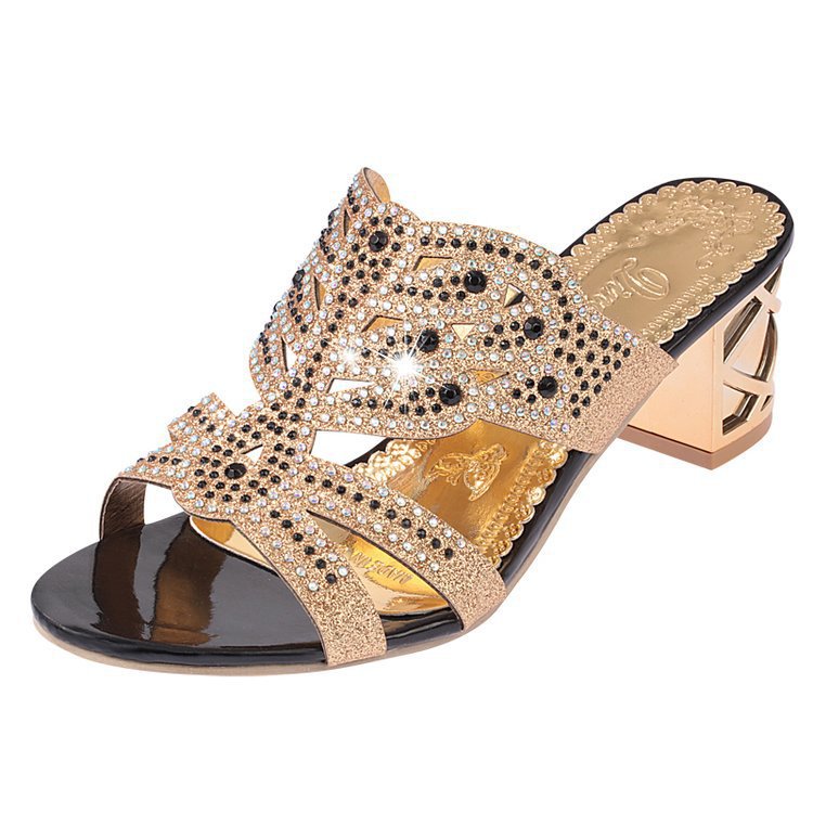 Women's embellished sandal with mid-height block heel and sparkling rhinestone trim Mune Fashion