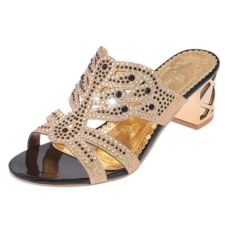Women's embellished sandal with mid-height block heel and sparkling rhinestone trim Mune Fashion