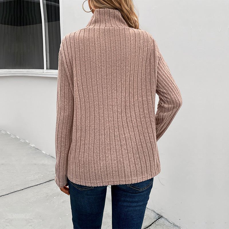 Women's Ribbed Fine Knit Sweater with Overlapping Stand-Up Collar Mune Fashion