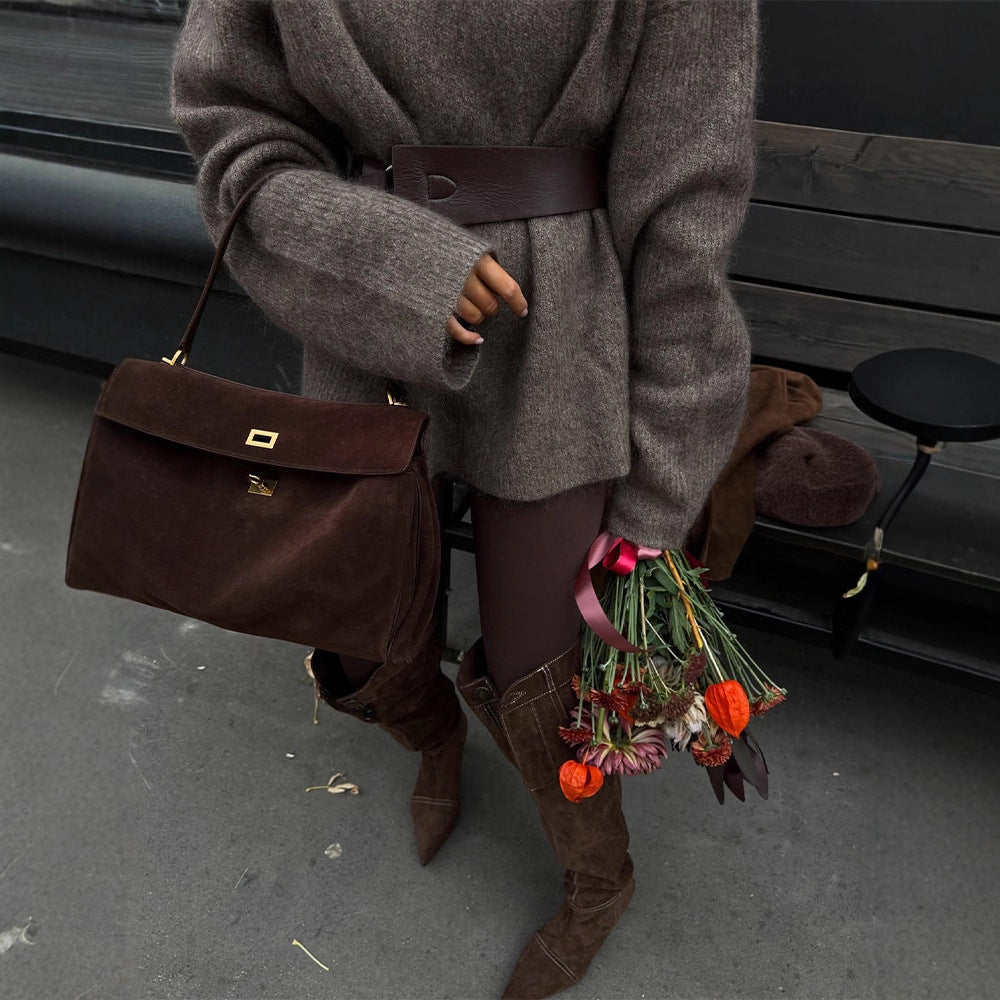 Women Oversize Mohair-Mix Roll-neck Sweater Dress with Balloon Sleeves and Waist Belt Mune Fashion