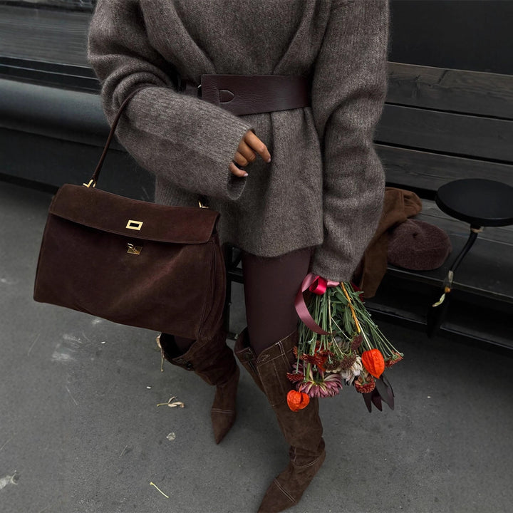 Women Oversize Mohair-Mix Roll-neck Sweater Dress with Balloon Sleeves and Waist Belt Mune Fashion