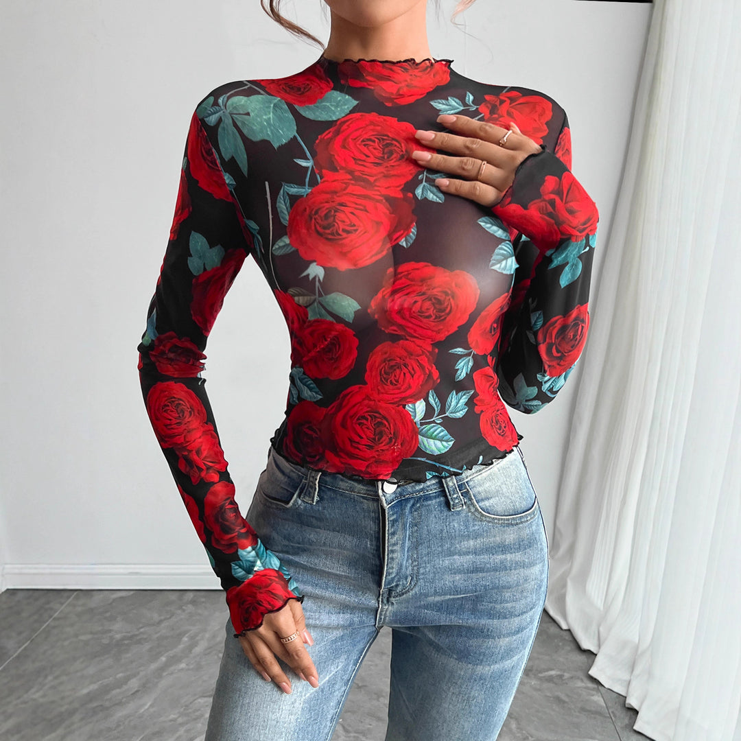 Women's figure-hugging mesh long-sleeve shirt with rose motif, high collar and wave hem Mune Fashion