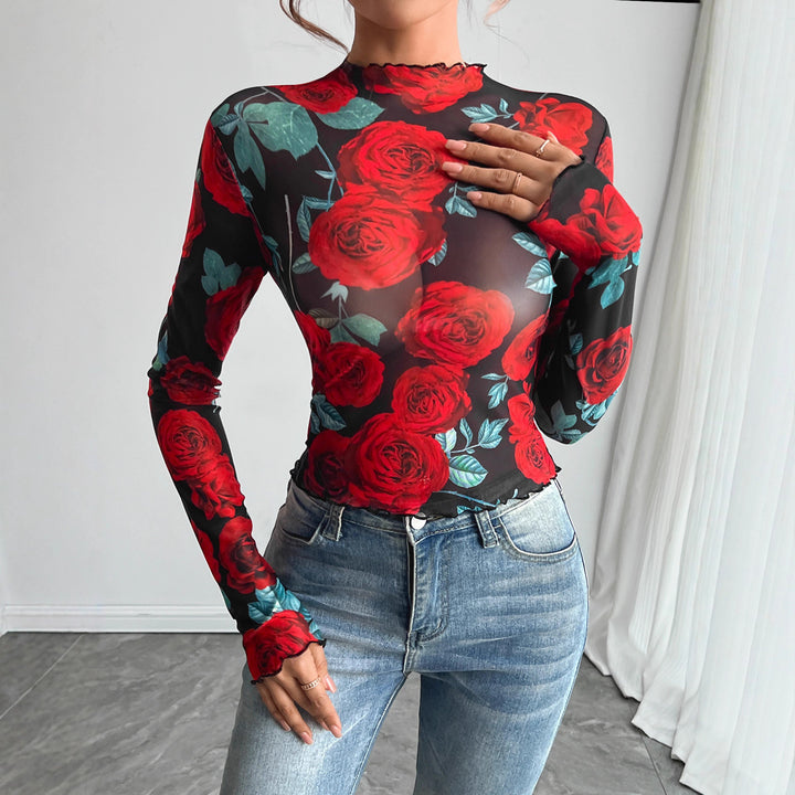 Women's figure-hugging mesh long-sleeve shirt with rose motif, high collar and wave hem Mune Fashion