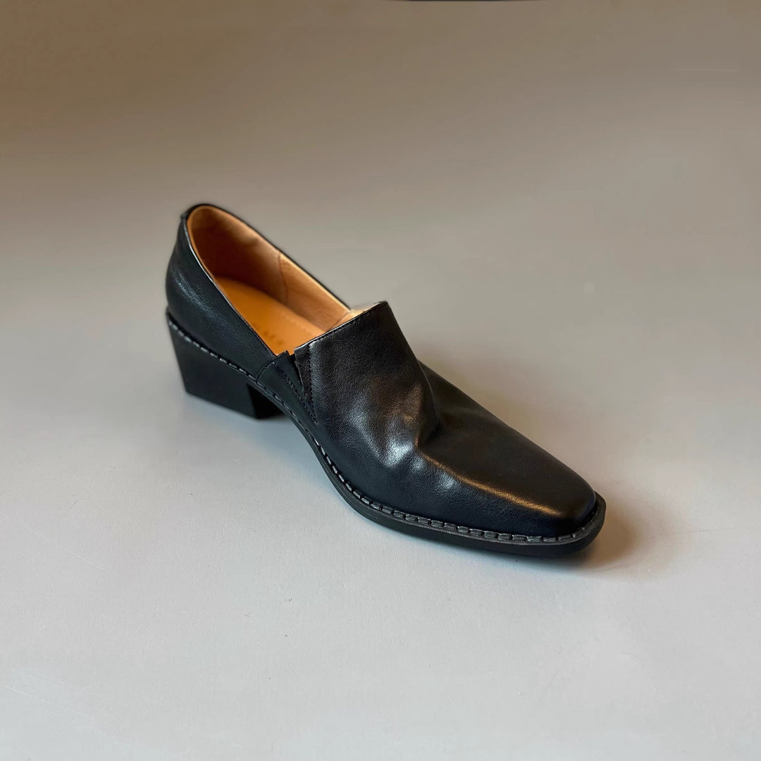 Women's Elegant Slip-on Loafer with Square Toe Cap and Mid-High Block Heel Mune Fashion