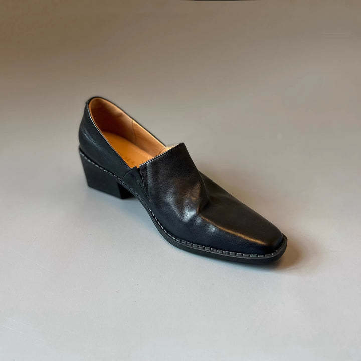 Women's Elegant Slip-on Loafer with Square Toe Cap and Mid-High Block Heel Mune Fashion