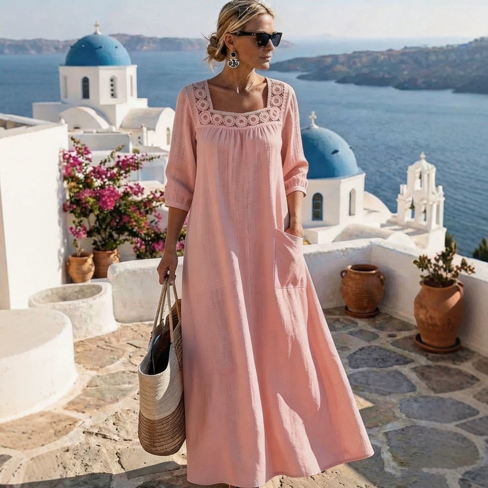 Ladies max dress with elegant round neckline and practical pockets Mune Fashion